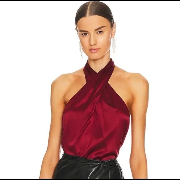 Theory NWT Ertil Convertible Cross Front Plunge Silk Halter Top Red Dahlia L - Picture 3 of 12